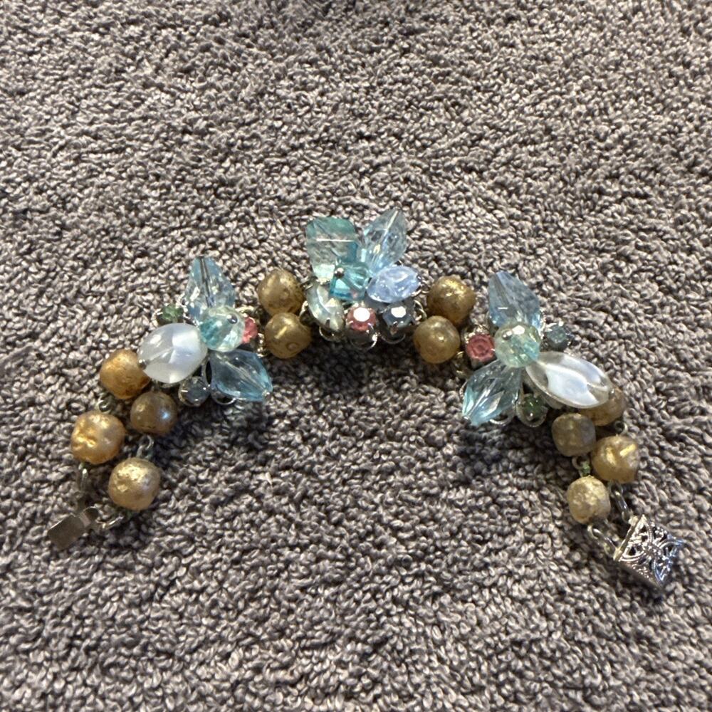 Vintage 1950s Aqua Blue Glass Cluster Bracelet Gold Sugared Beads Filigree Clasp